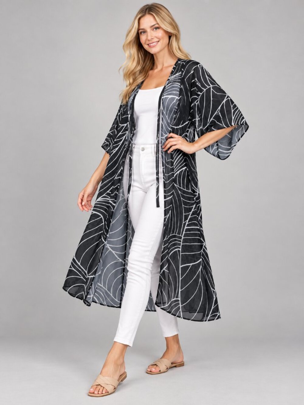 2/$30 Black White Tropical Leaf Print Long Kimono Cover-Up
